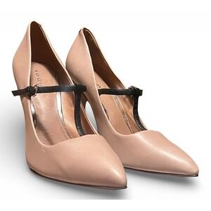 Coach Fulton Beige Black Leather T-Strap Pointed Toe Stiletto Pumps Heels 10B